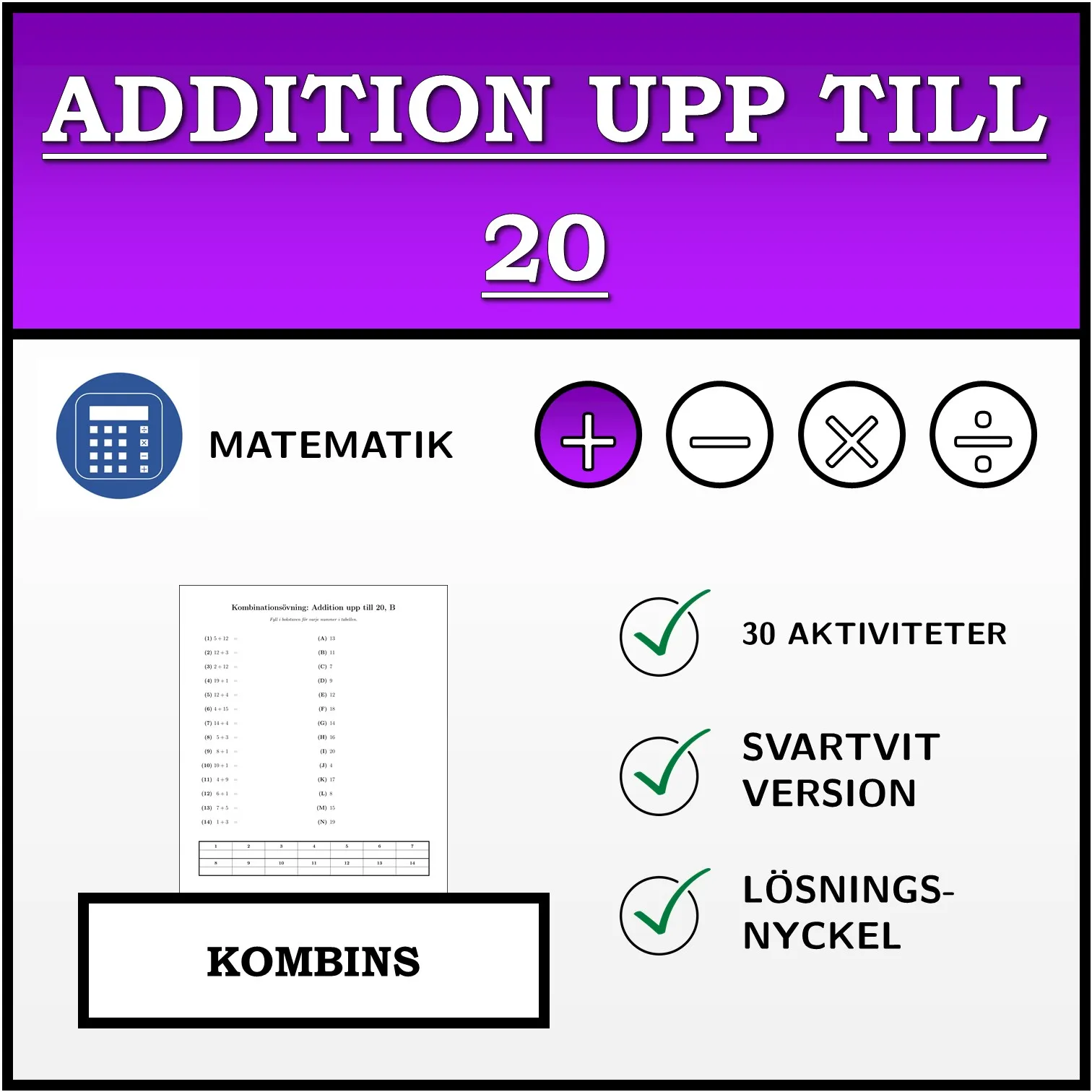 Kombinationsövning: Addition upp till 20