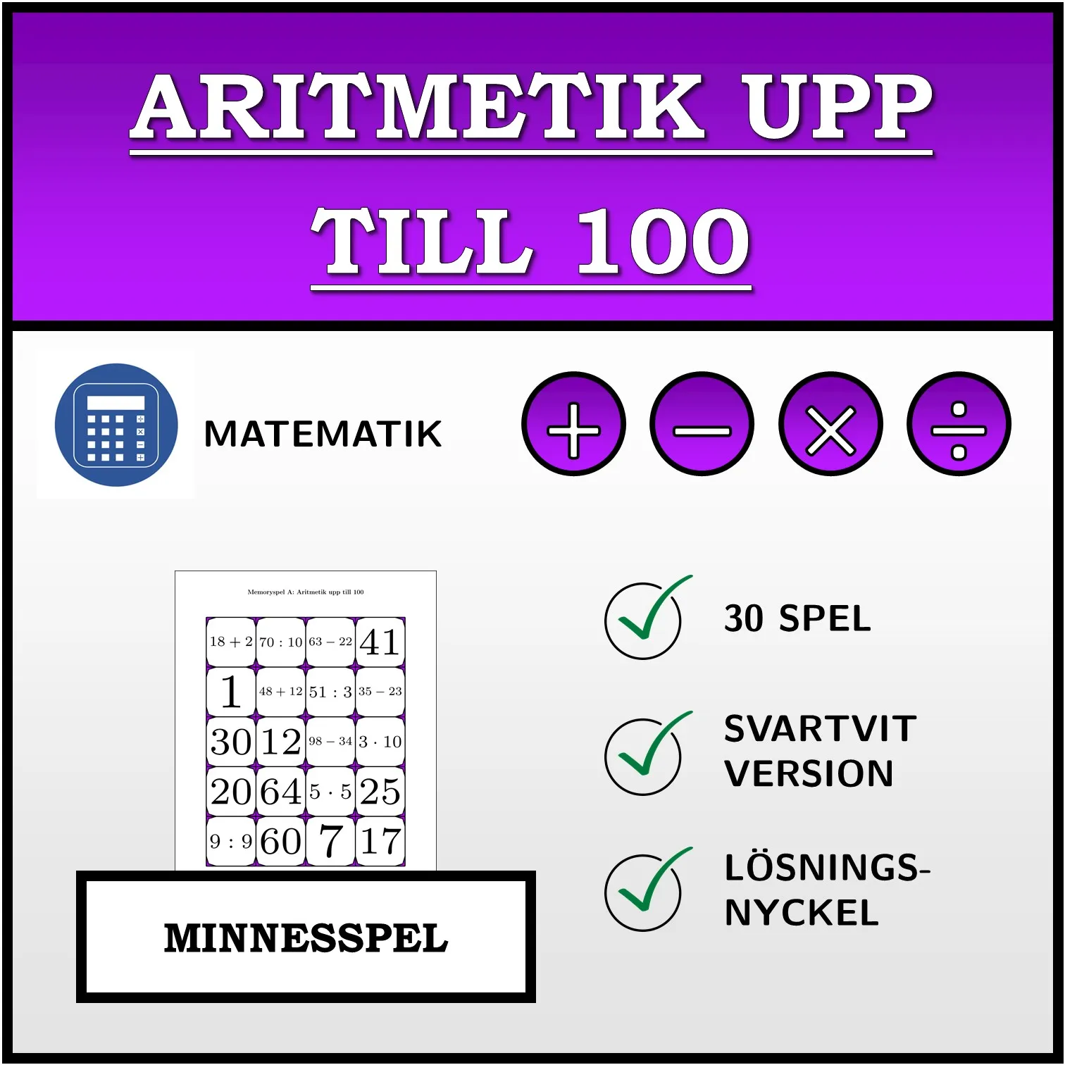 Memoryspel: Aritmetik upp till 100