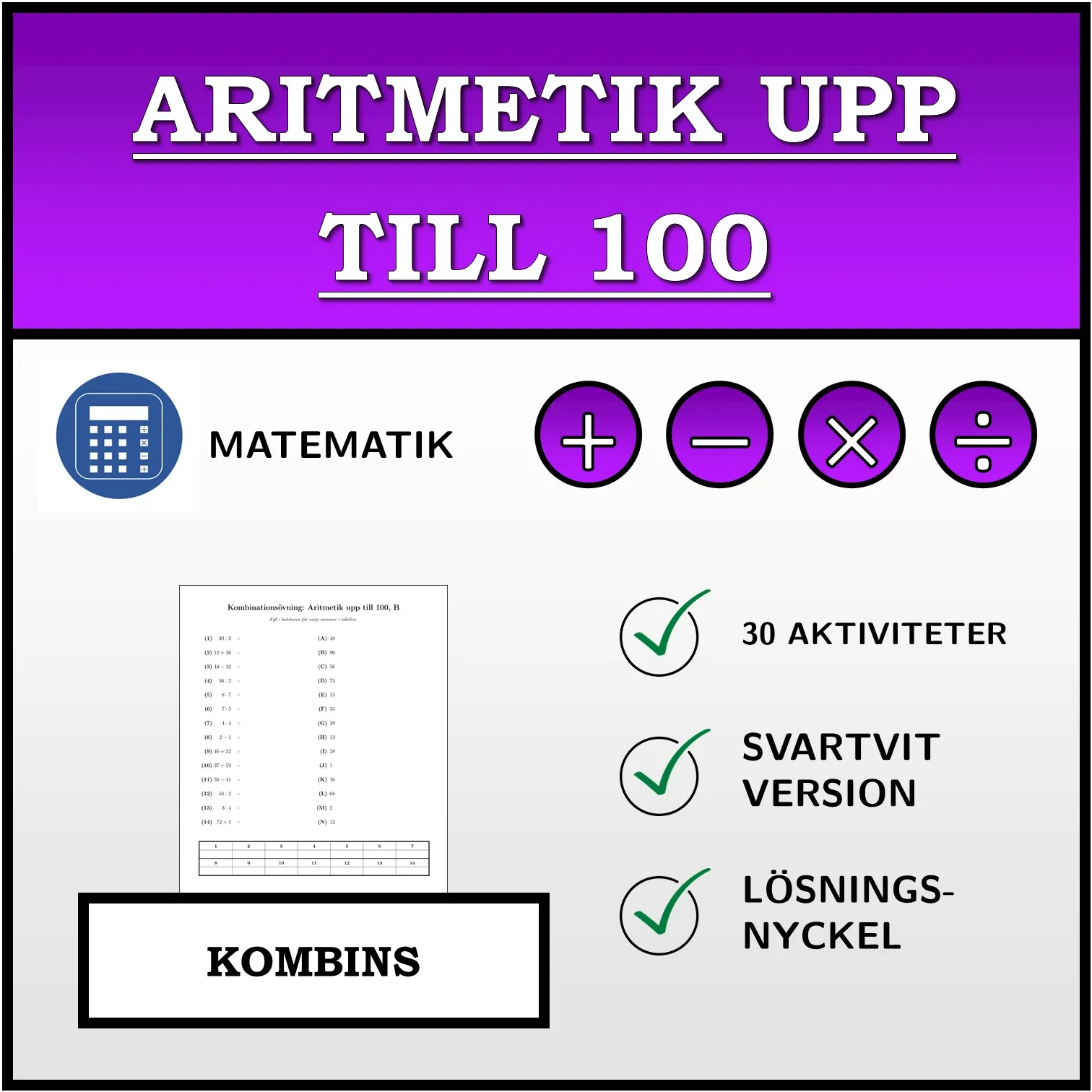 Kombinationsövning: Aritmetik upp till 100