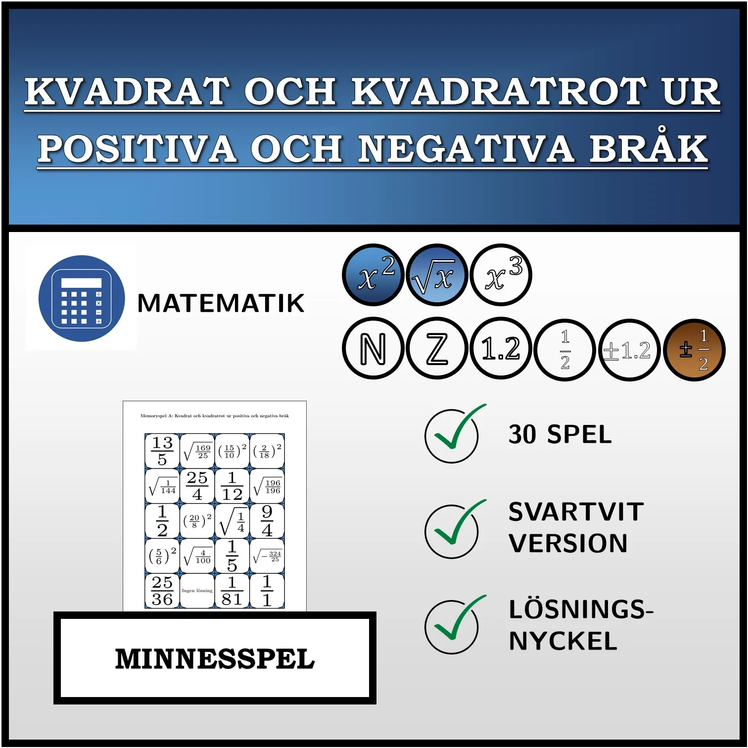 Memoryspel: Kvadrat och kvadratrot ur positiva och negativa bråk