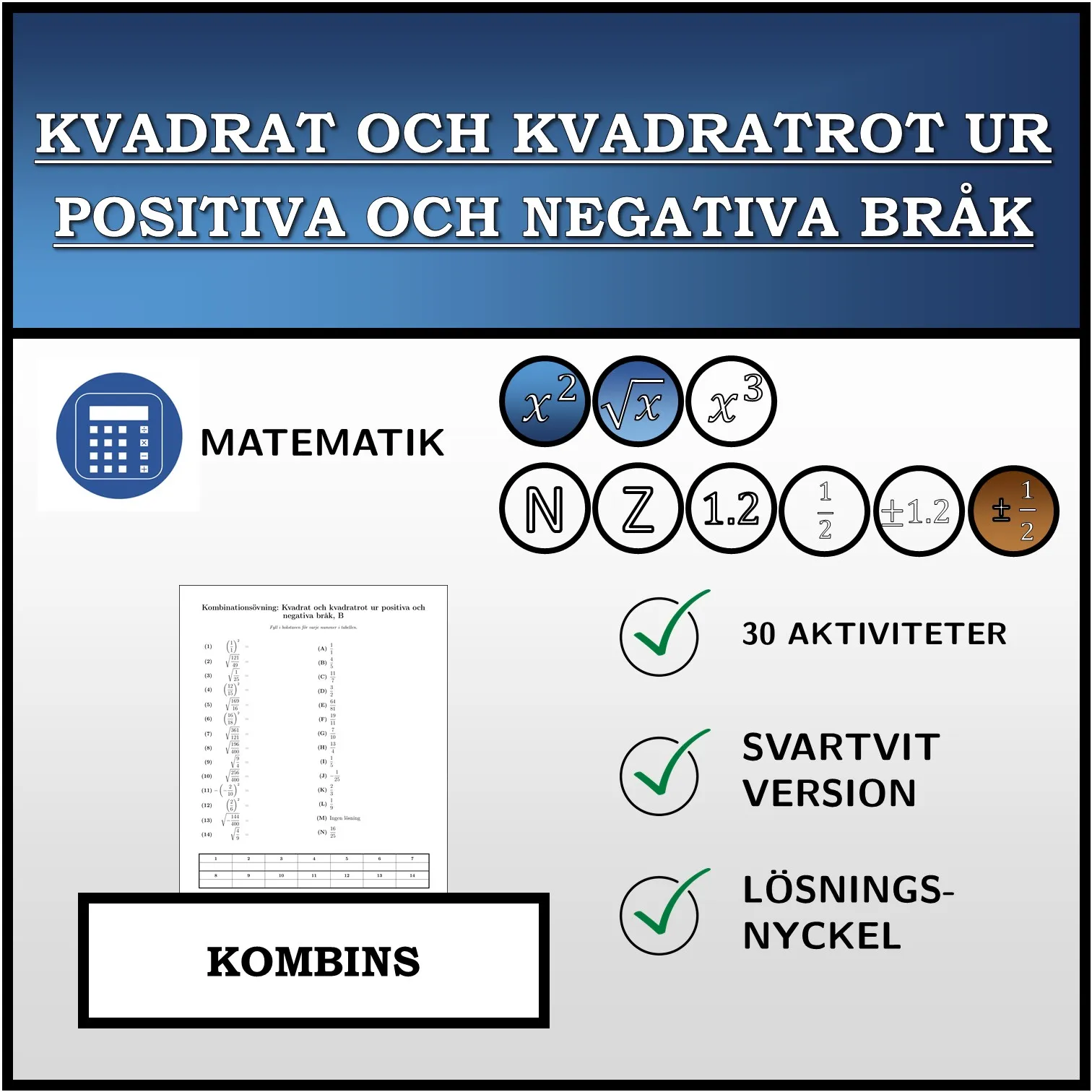 Kombinationsövning: Kvadrat och kvadratrot ur positiva och negativa bråk