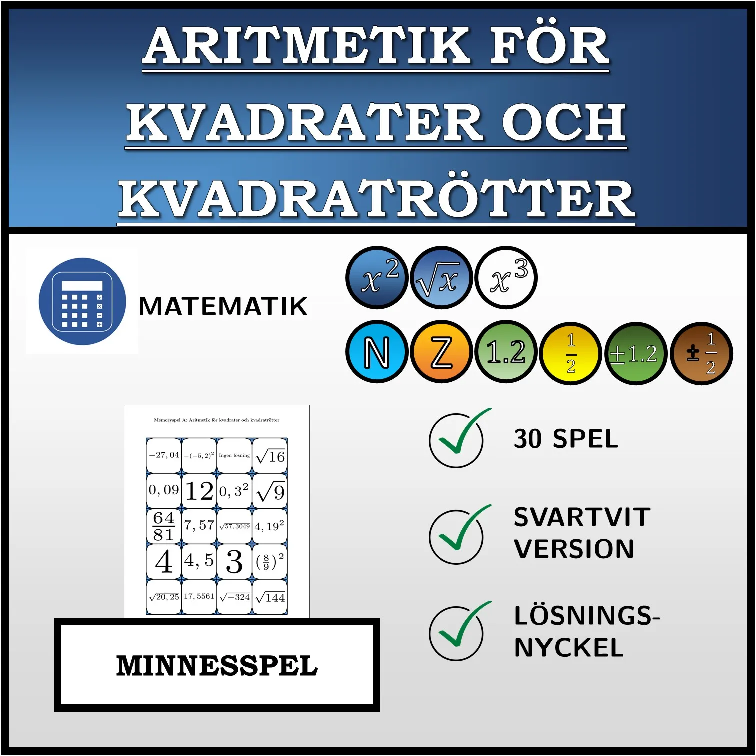 Memoryspel: Aritmetik för kvadrater och kvadratrötter
