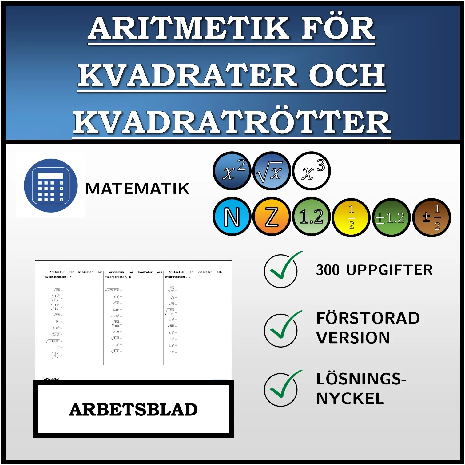 Arbetsblad: Aritmetik för kvadrater och kvadratrötter
