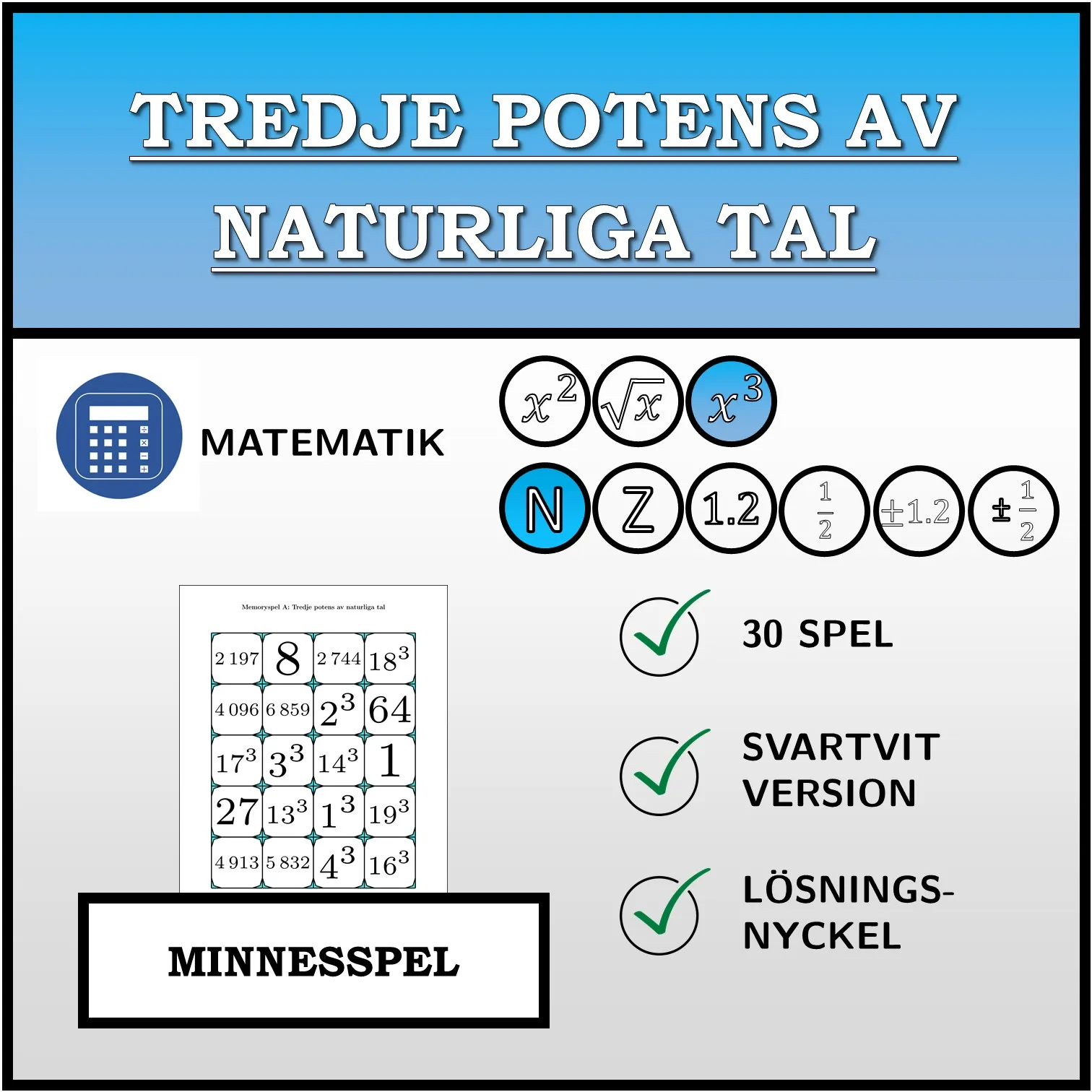 Memoryspel: Tredje potens av naturliga tal