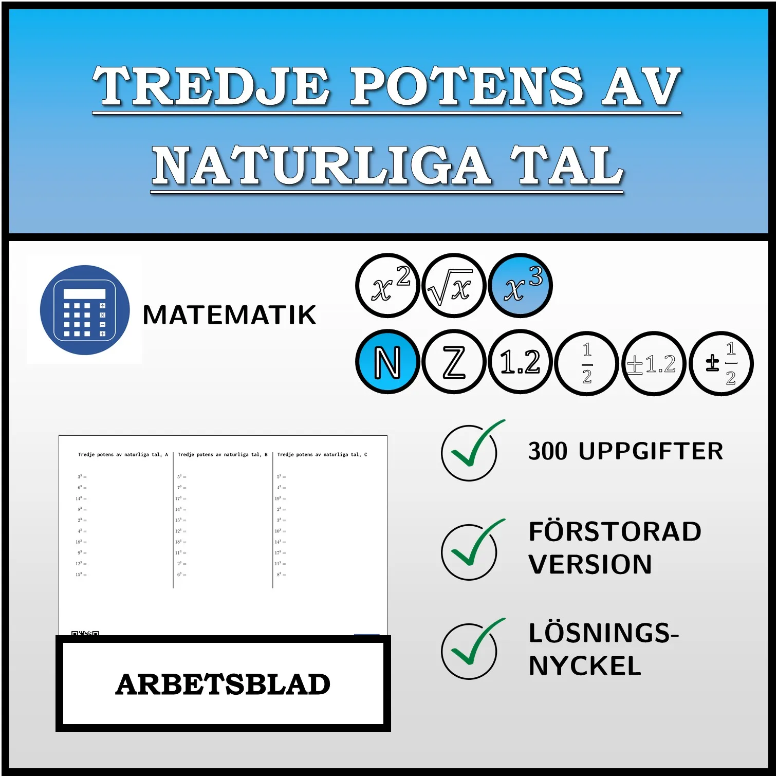 Arbetsblad: Tredje potens av naturliga tal