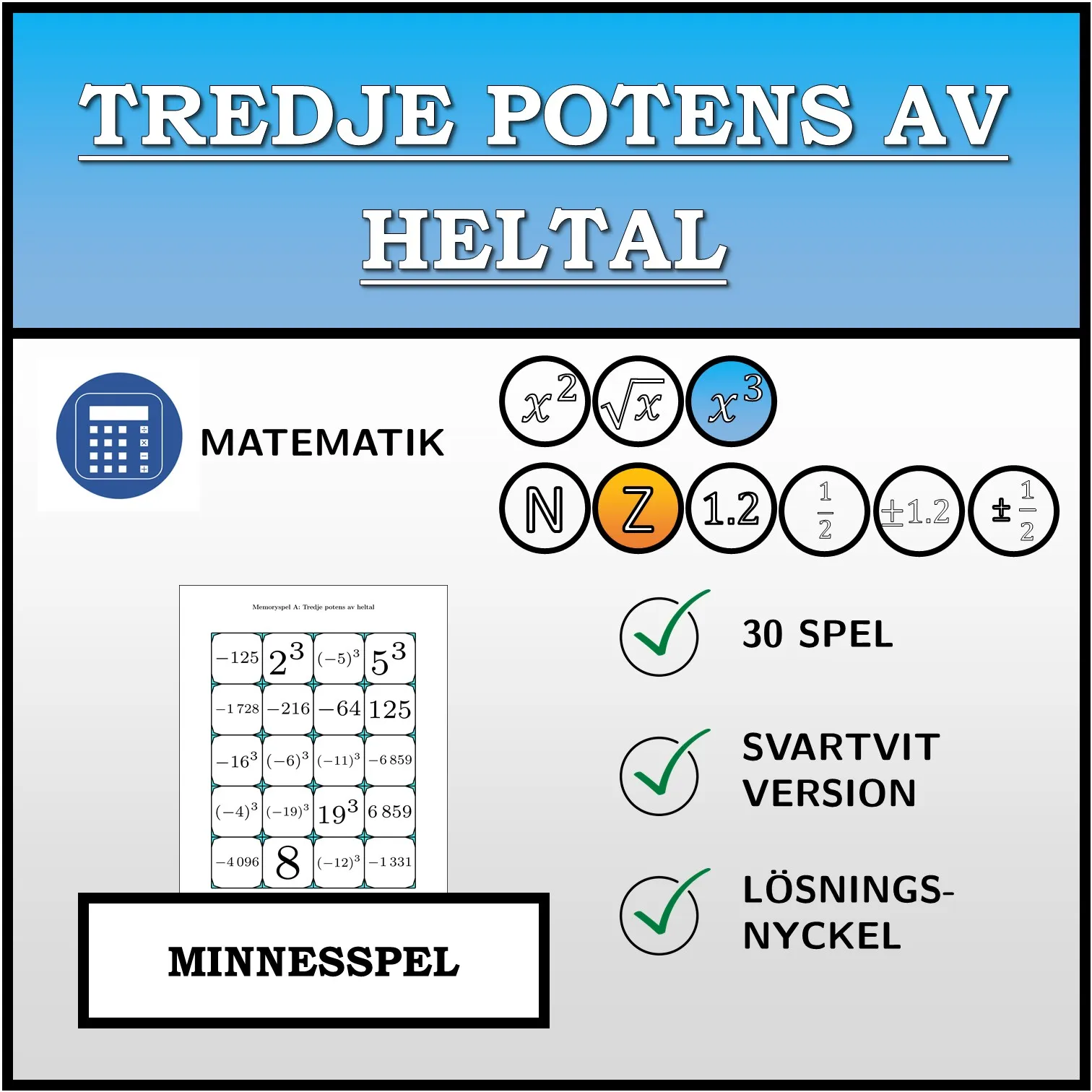 Memoryspel: Tredje potens av heltal