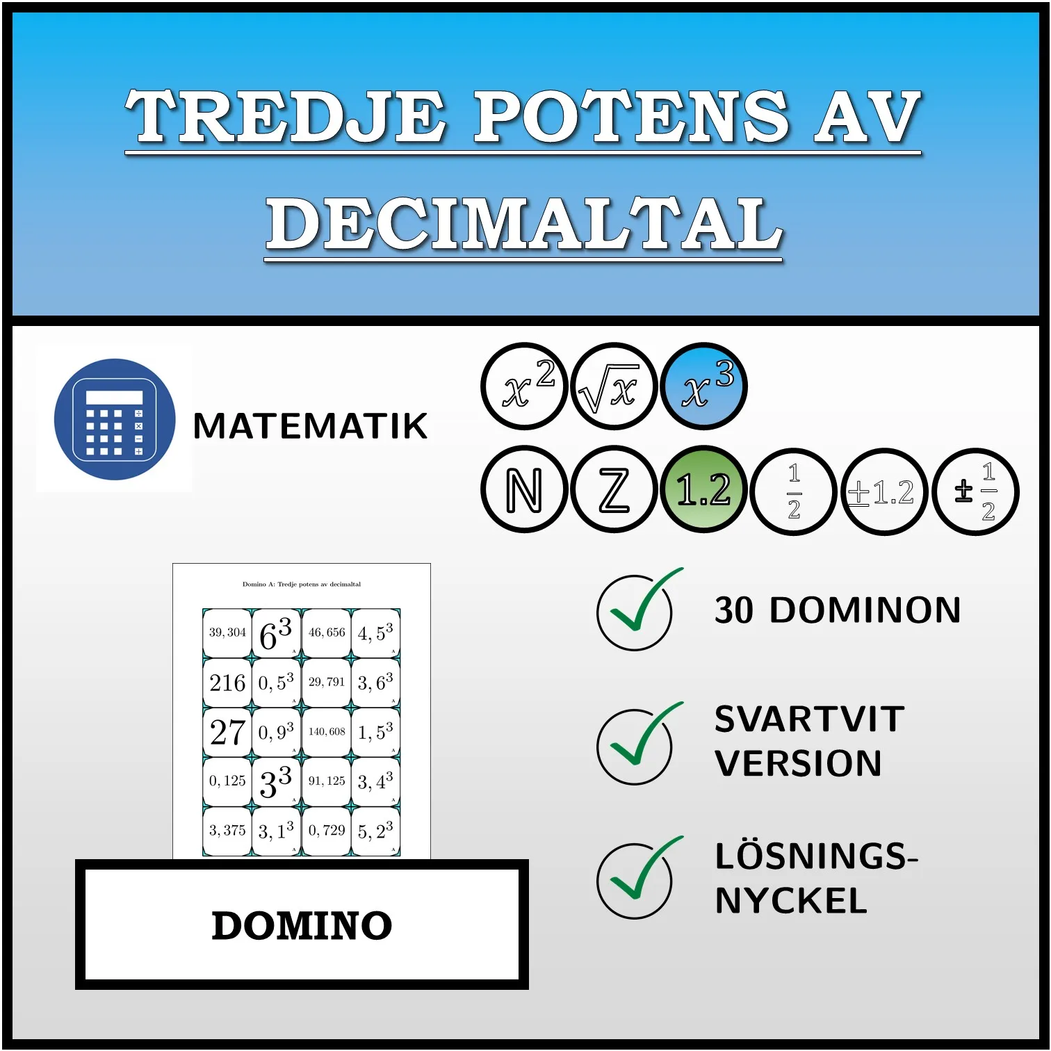 Domino: Tredje potens av decimaltal