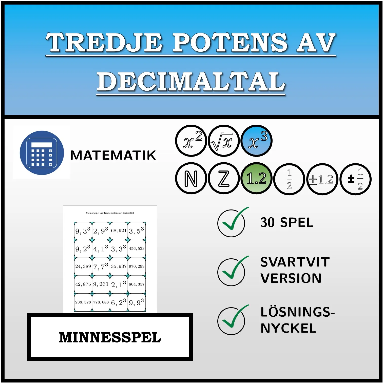 Memoryspel: Tredje potens av decimaltal