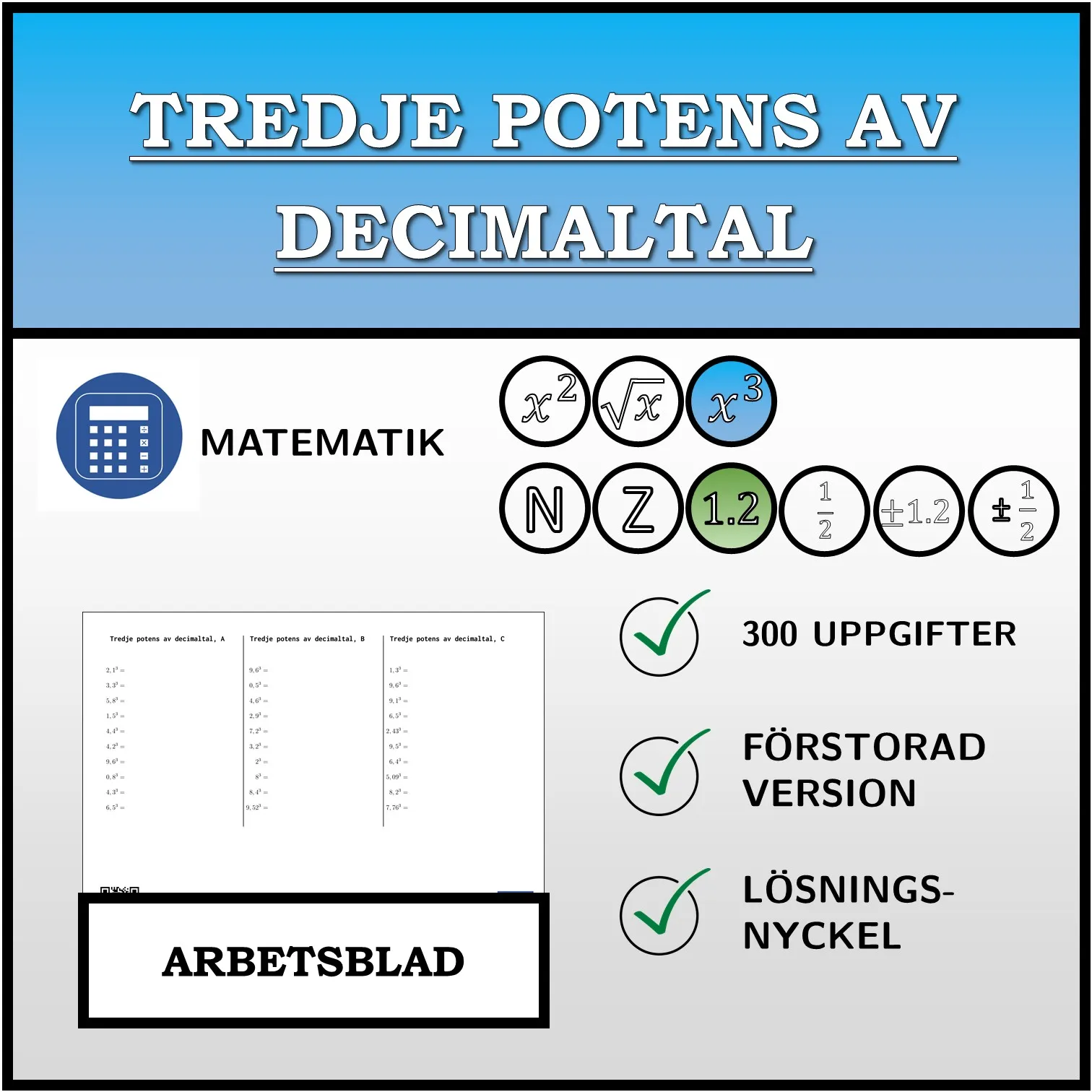 Arbetsblad: Tredje potens av decimaltal