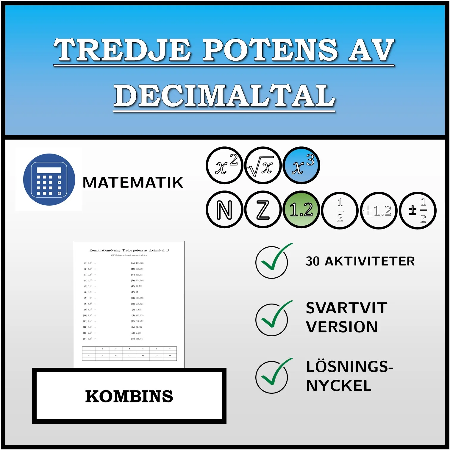 Kombinationsövning: Tredje potens av decimaltal