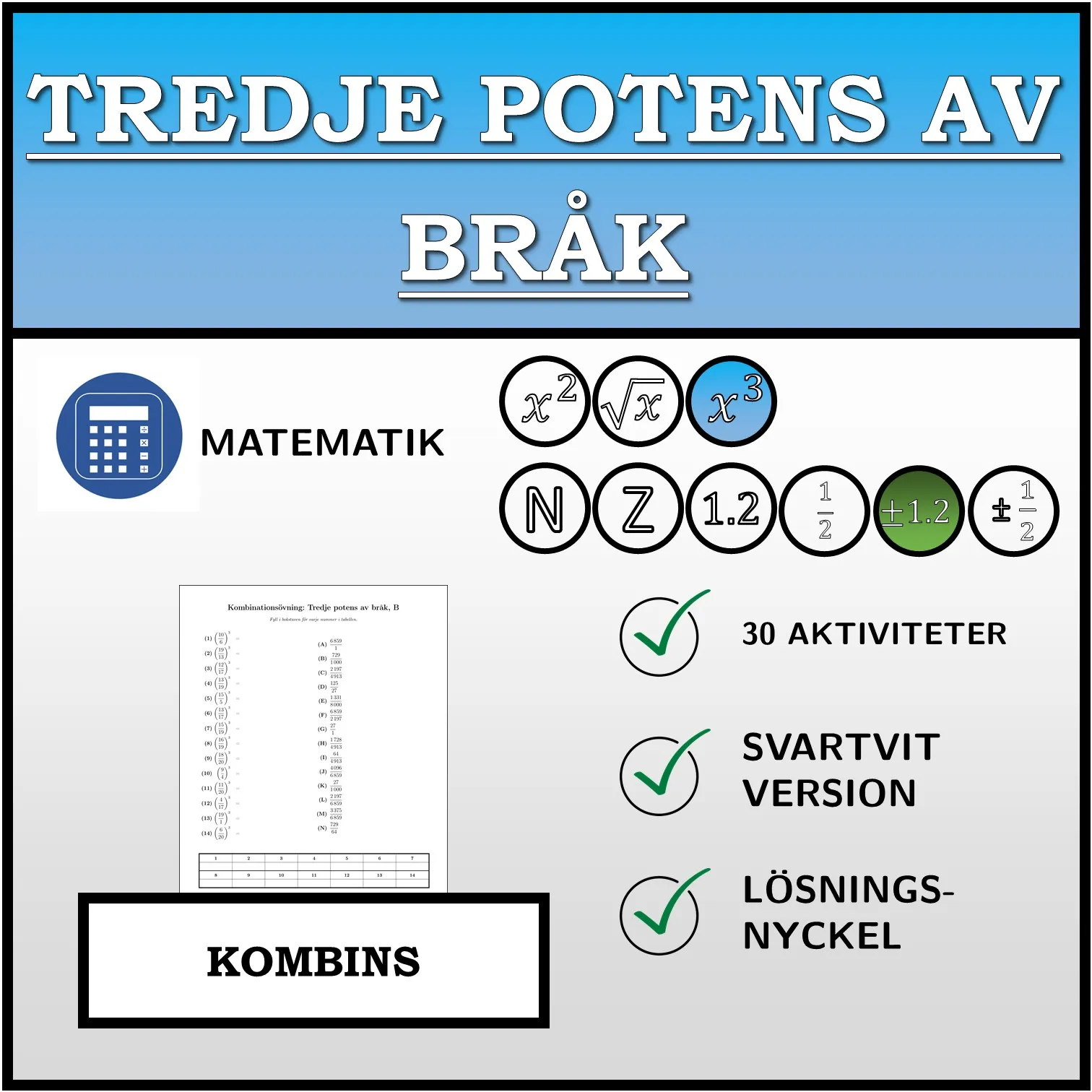 Kombinationsövning: Tredje potens av bråk