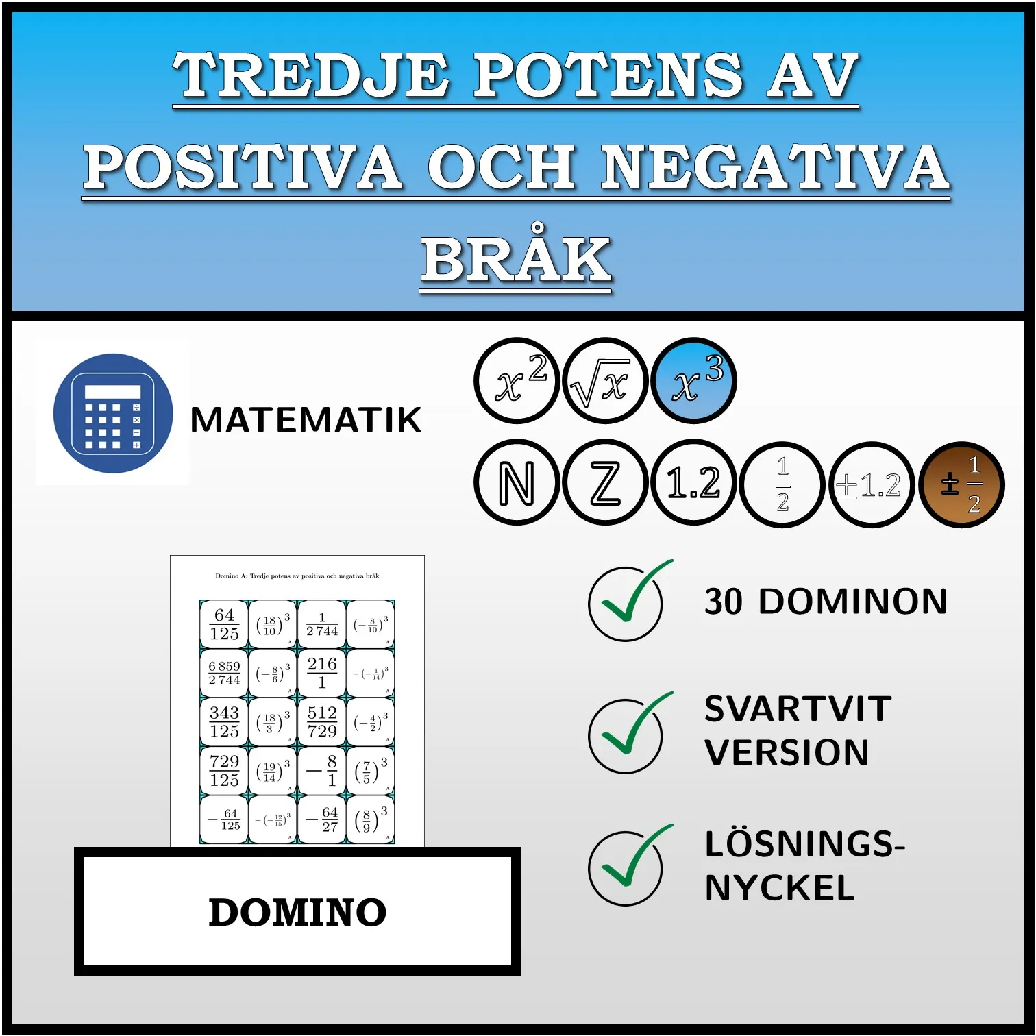Domino: Tredje potens av positiva och negativa bråk