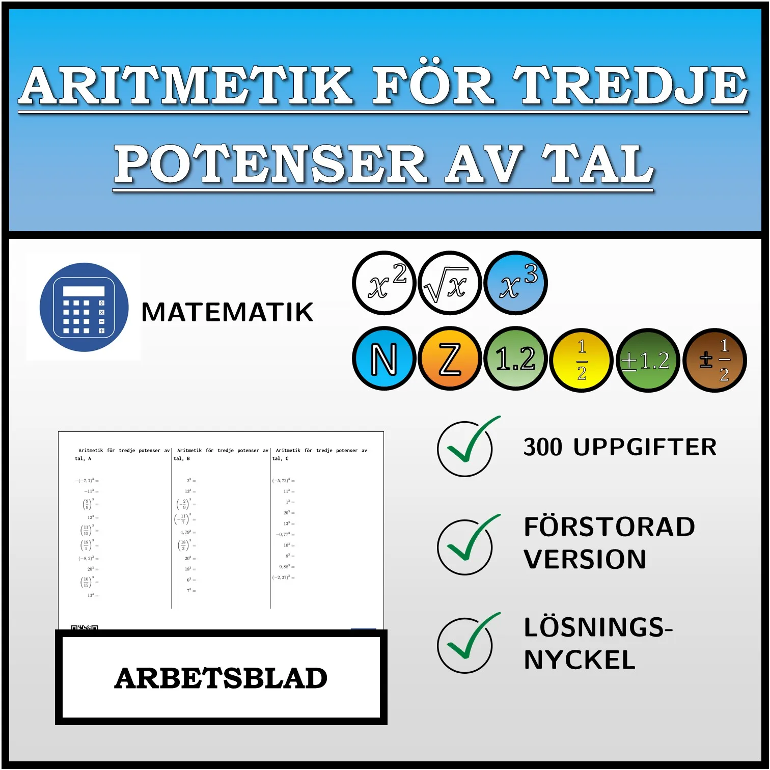 Arbetsblad: Aritmetik för tredje potenser av tal