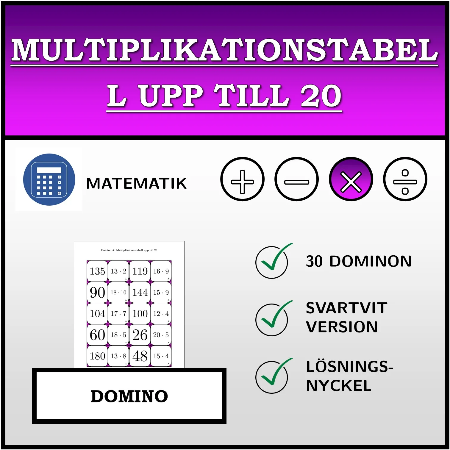 Domino: Multiplikationstabell upp till 20