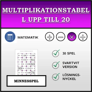 Memoryspel: Multiplikationstabell upp till 20