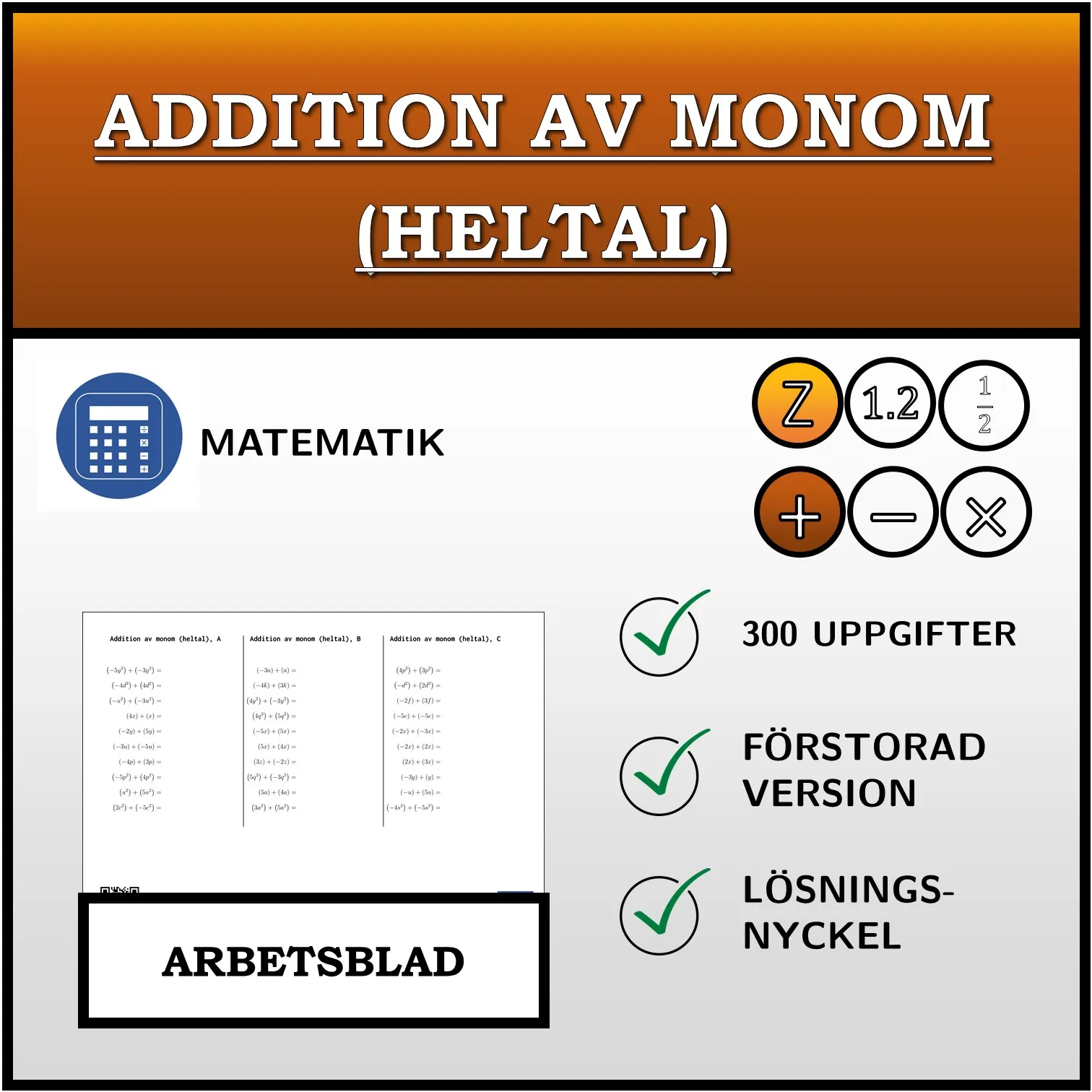 Arbetsblad: Addition av monom (heltal)