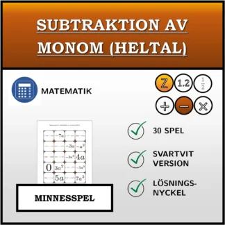 Memoryspel: Subtraktion av monom (heltal)
