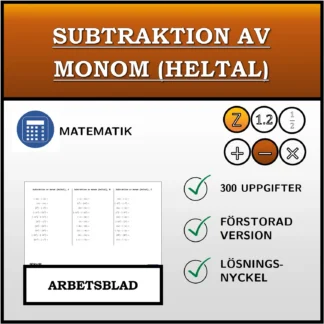 Arbetsblad: Subtraktion av monom (heltal)