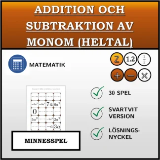 Memoryspel: Addition och subtraktion av monom (heltal)