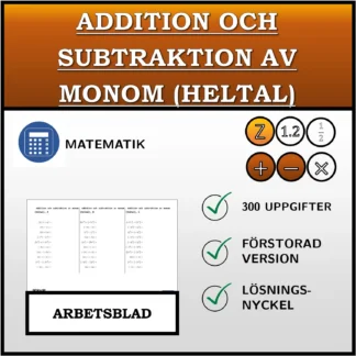 Arbetsblad: Addition och subtraktion av monom (heltal)