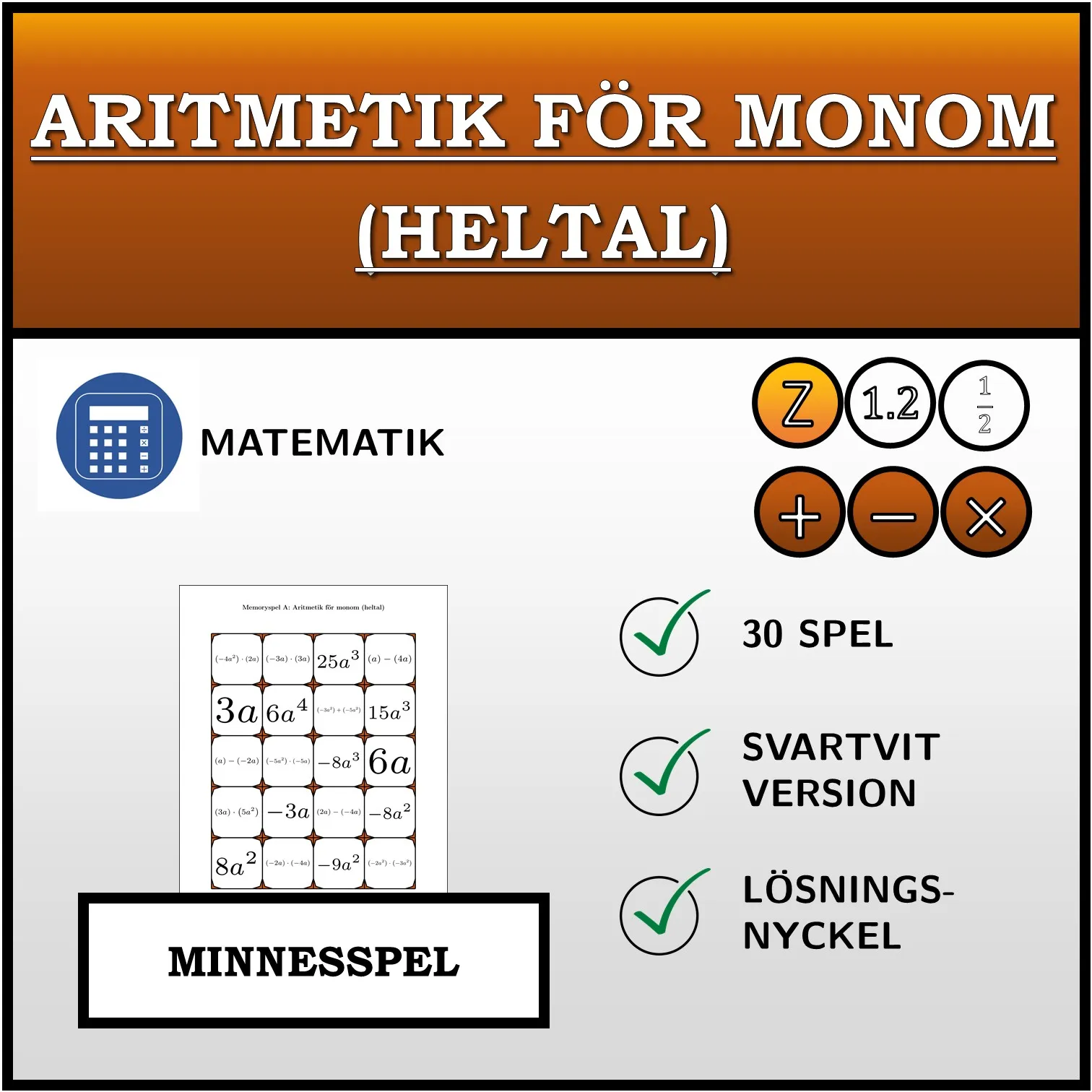 Memoryspel: Aritmetik för monom (heltal)