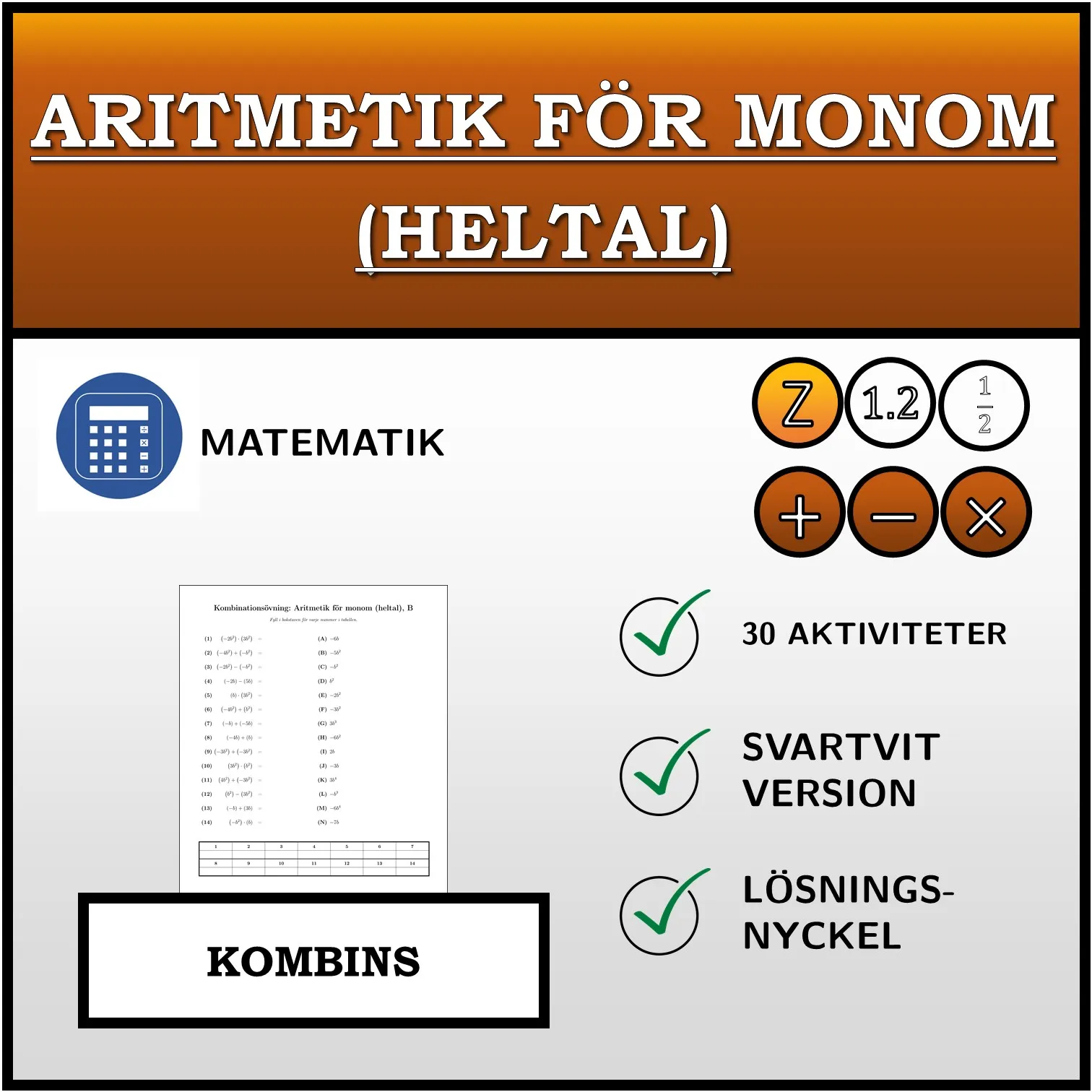 Kombinationsövning: Aritmetik för monom (heltal)