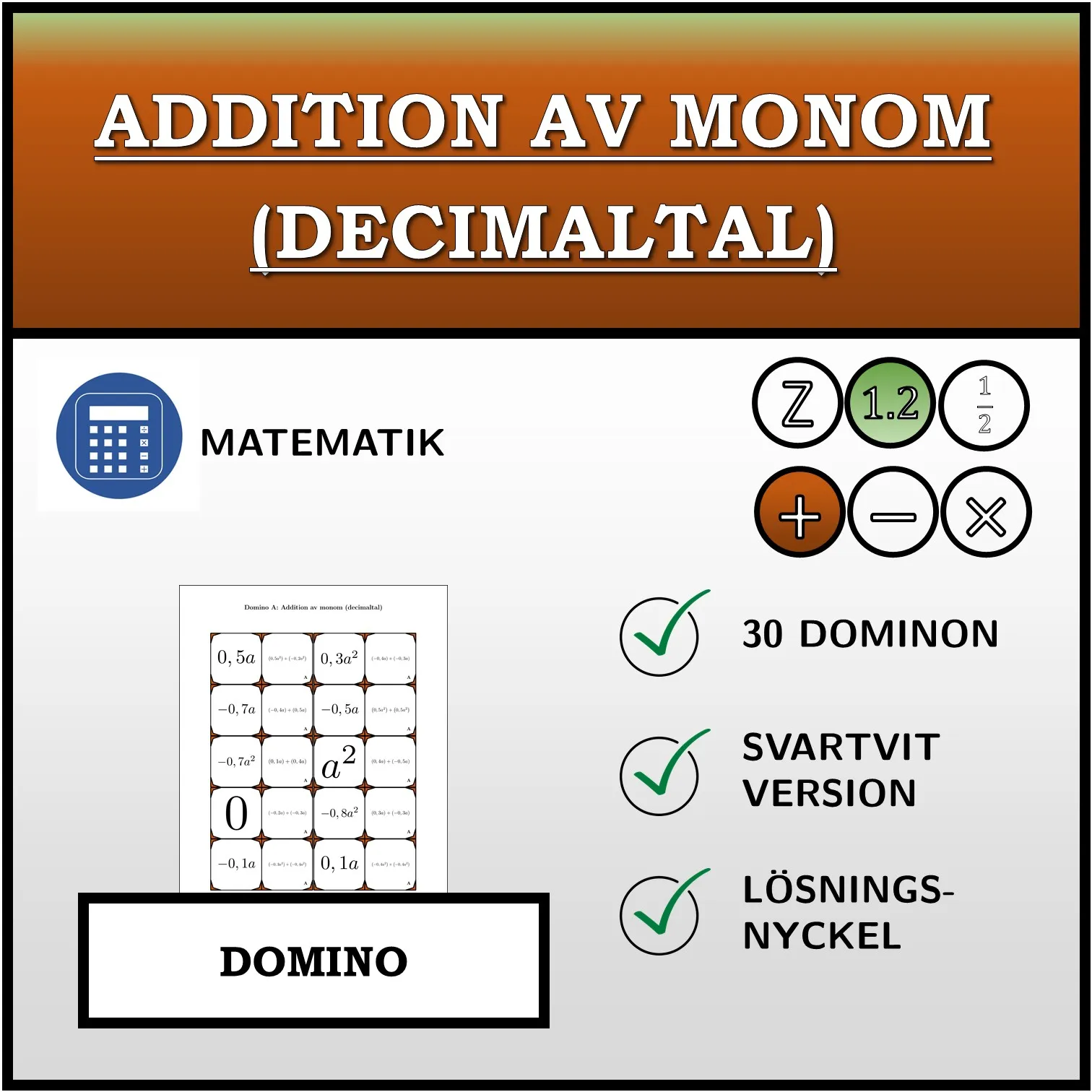 Domino: Addition av monom (decimaltal)