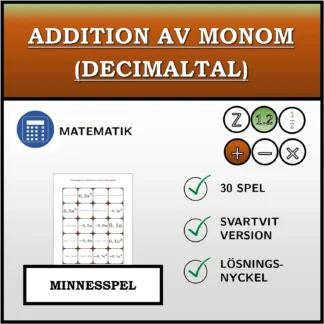 Memoryspel: Addition av monom (decimaltal)