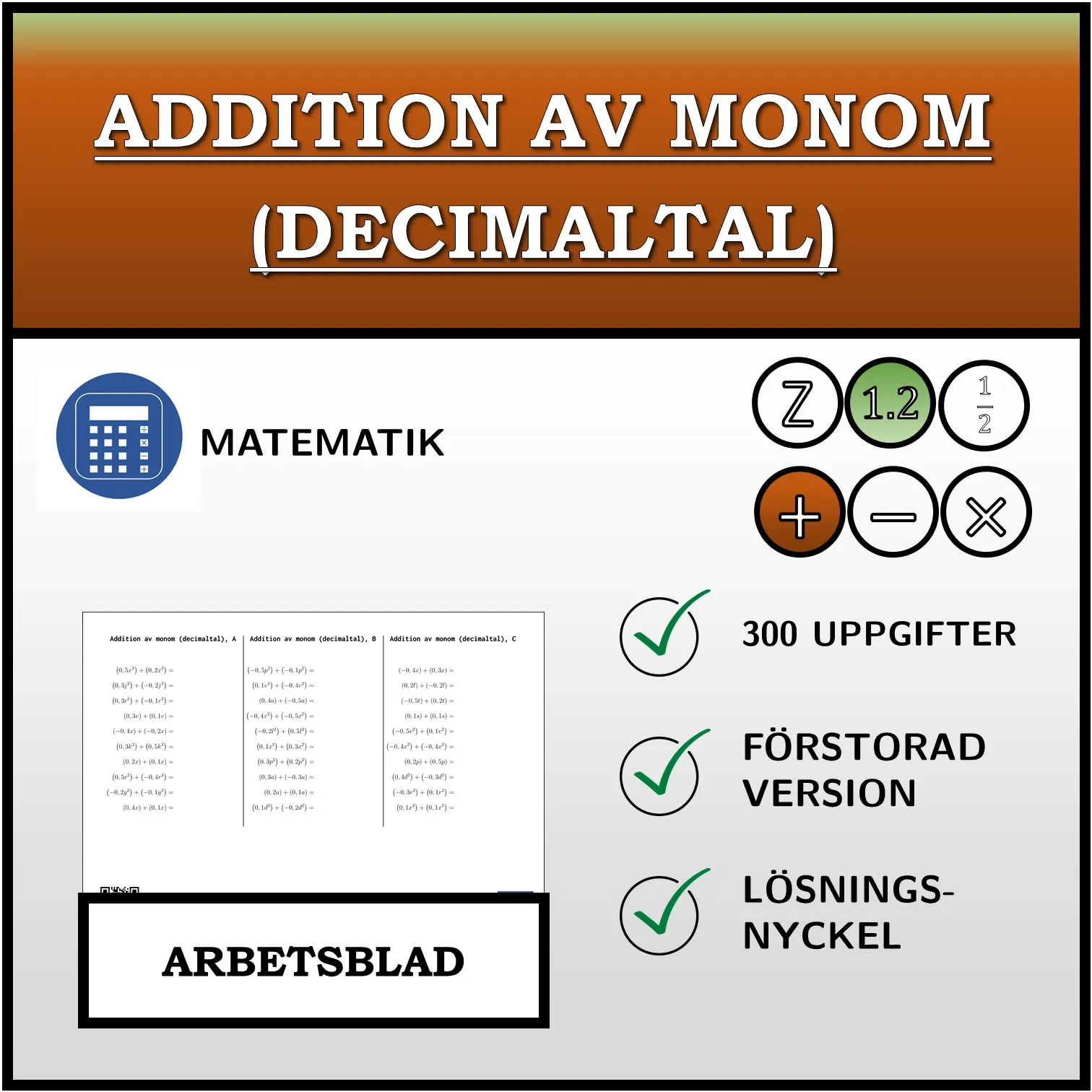 Arbetsblad: Addition av monom (decimaltal)