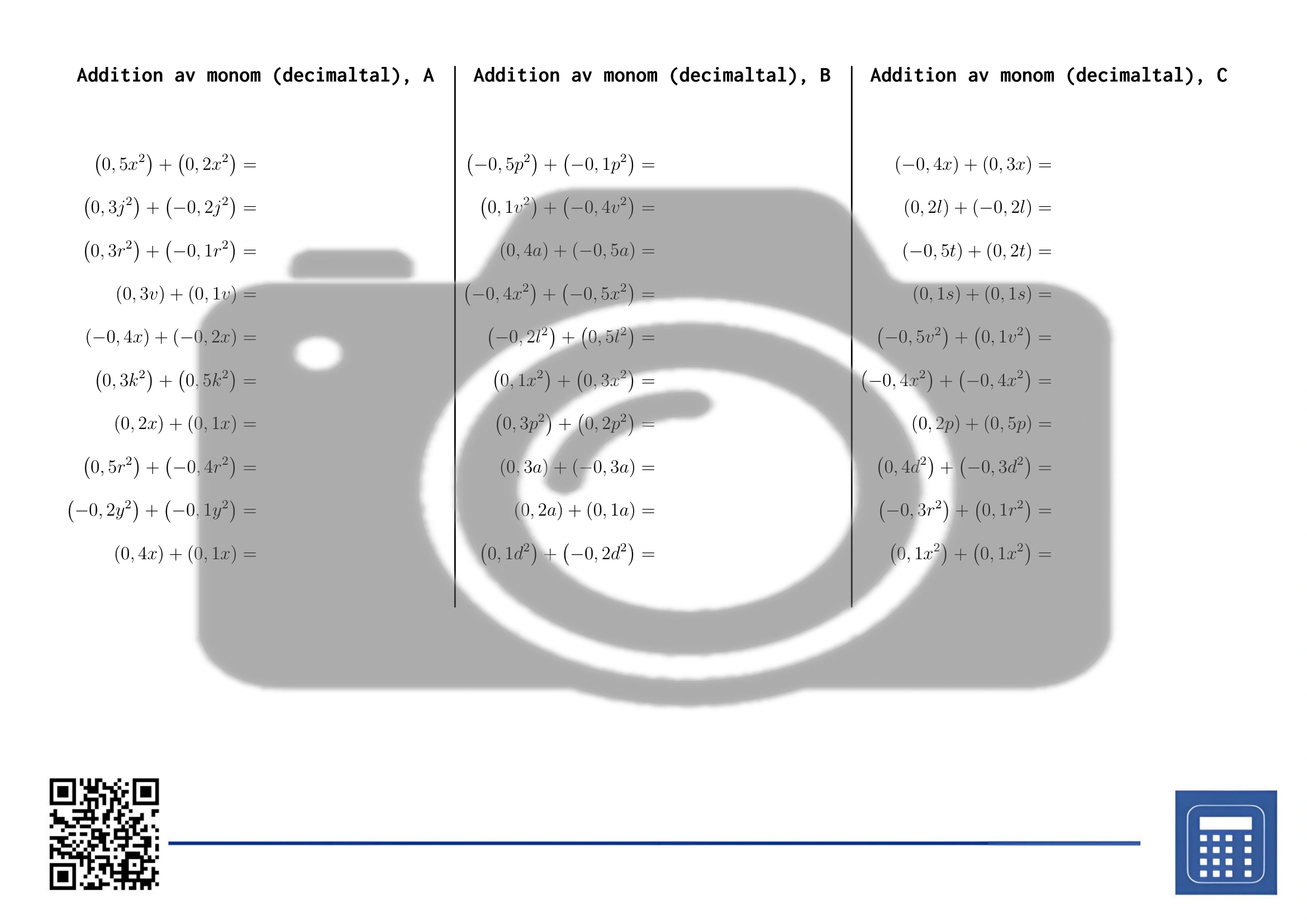 Arbetsblad: Addition av monom (decimaltal) - Bild 2