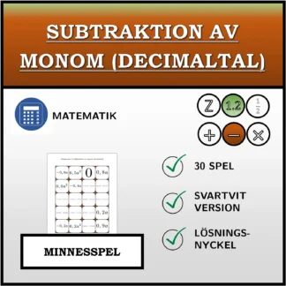 Memoryspel: Subtraktion av monom (decimaltal)