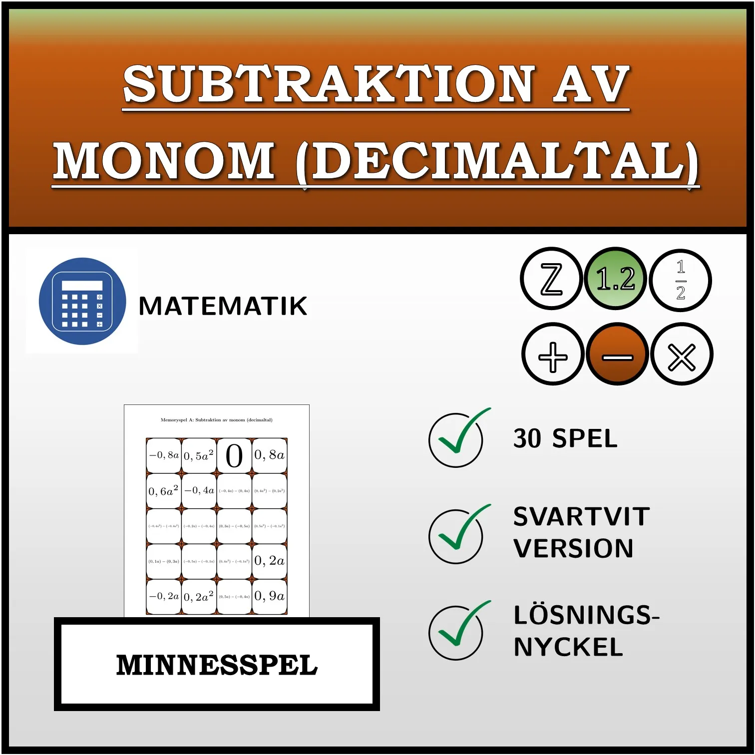 Memoryspel: Subtraktion av monom (decimaltal)