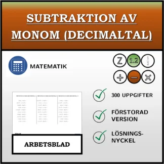 Arbetsblad: Subtraktion av monom (decimaltal)
