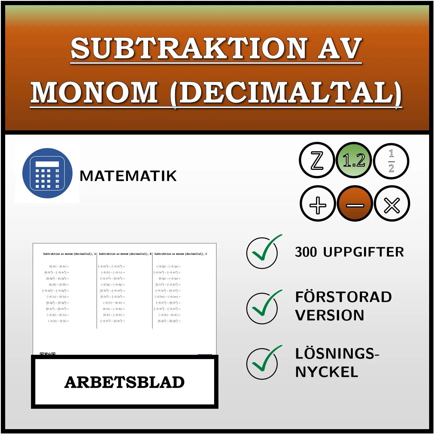 Arbetsblad: Subtraktion av monom (decimaltal)