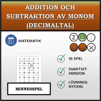 Memoryspel: Addition och subtraktion av monom (decimaltal)