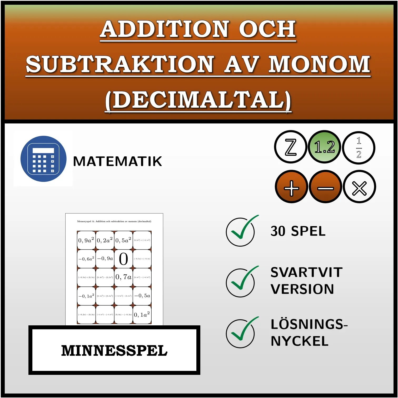 Memoryspel: Addition och subtraktion av monom (decimaltal)