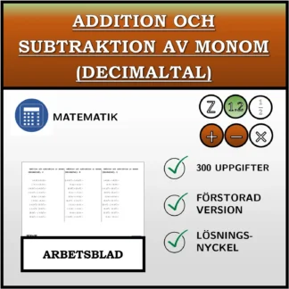 Arbetsblad: Addition och subtraktion av monom (decimaltal)