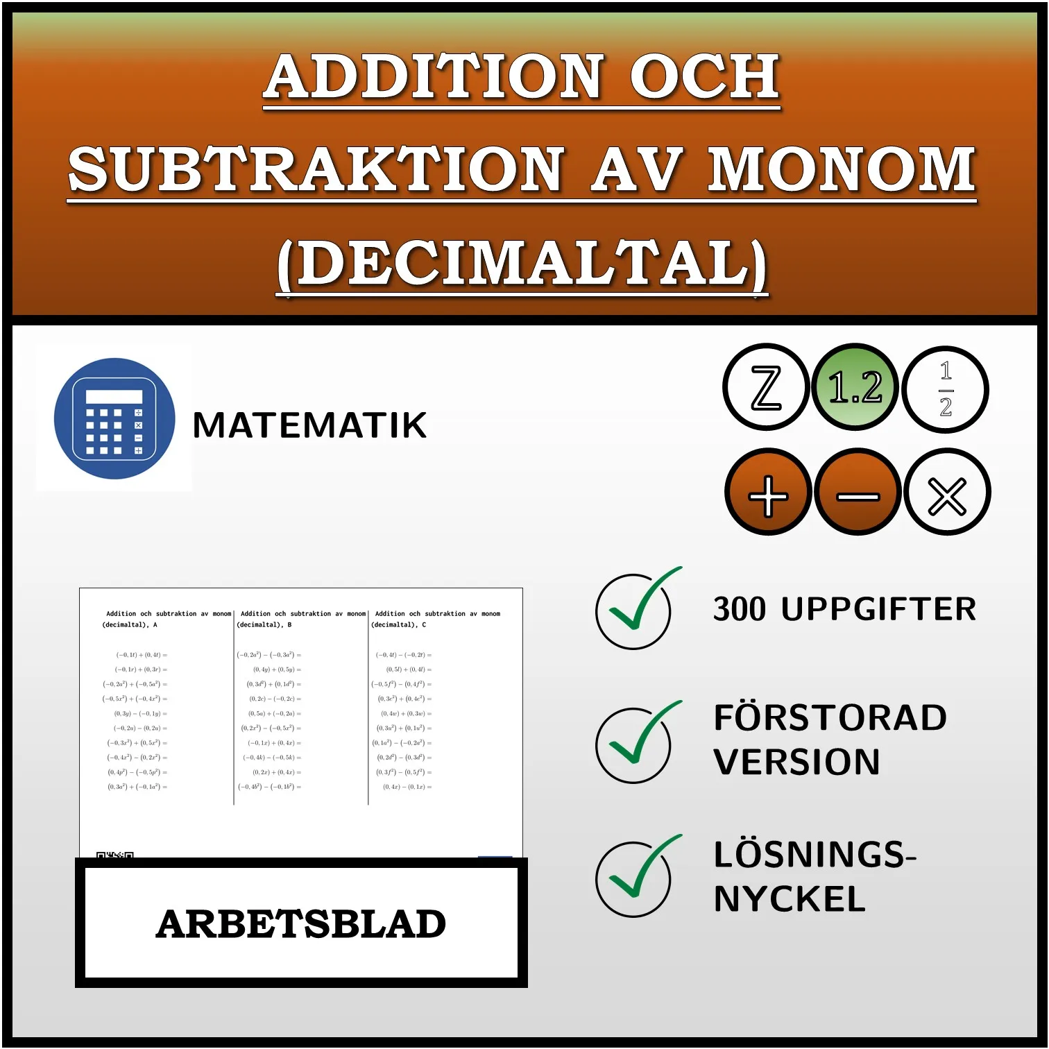 Arbetsblad: Addition och subtraktion av monom (decimaltal)