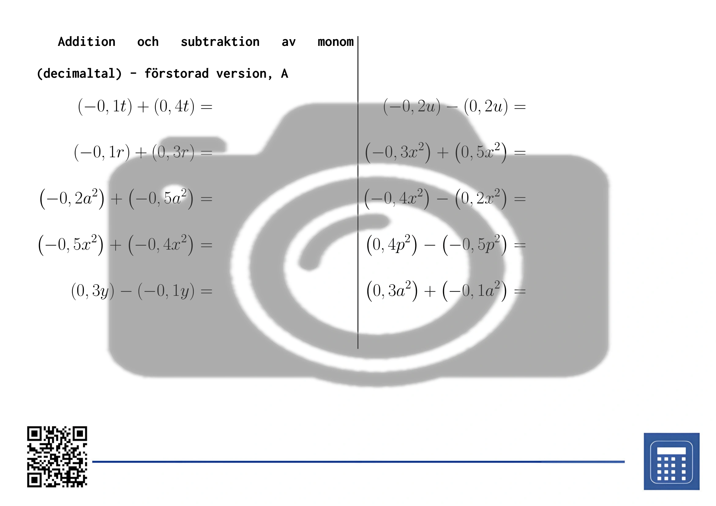Arbetsblad: Addition och subtraktion av monom (decimaltal) - Bild 3