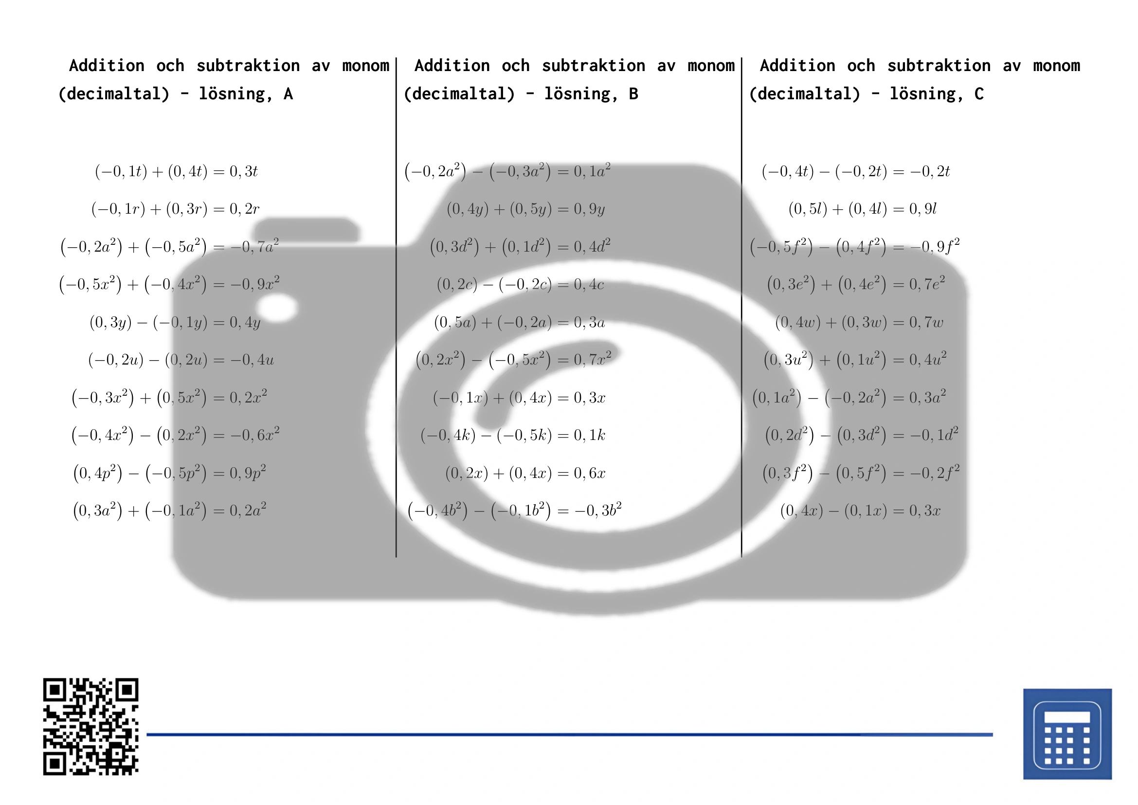 Arbetsblad: Addition och subtraktion av monom (decimaltal) - Bild 4