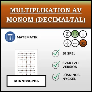 Memoryspel: Multiplikation av monom (decimaltal)