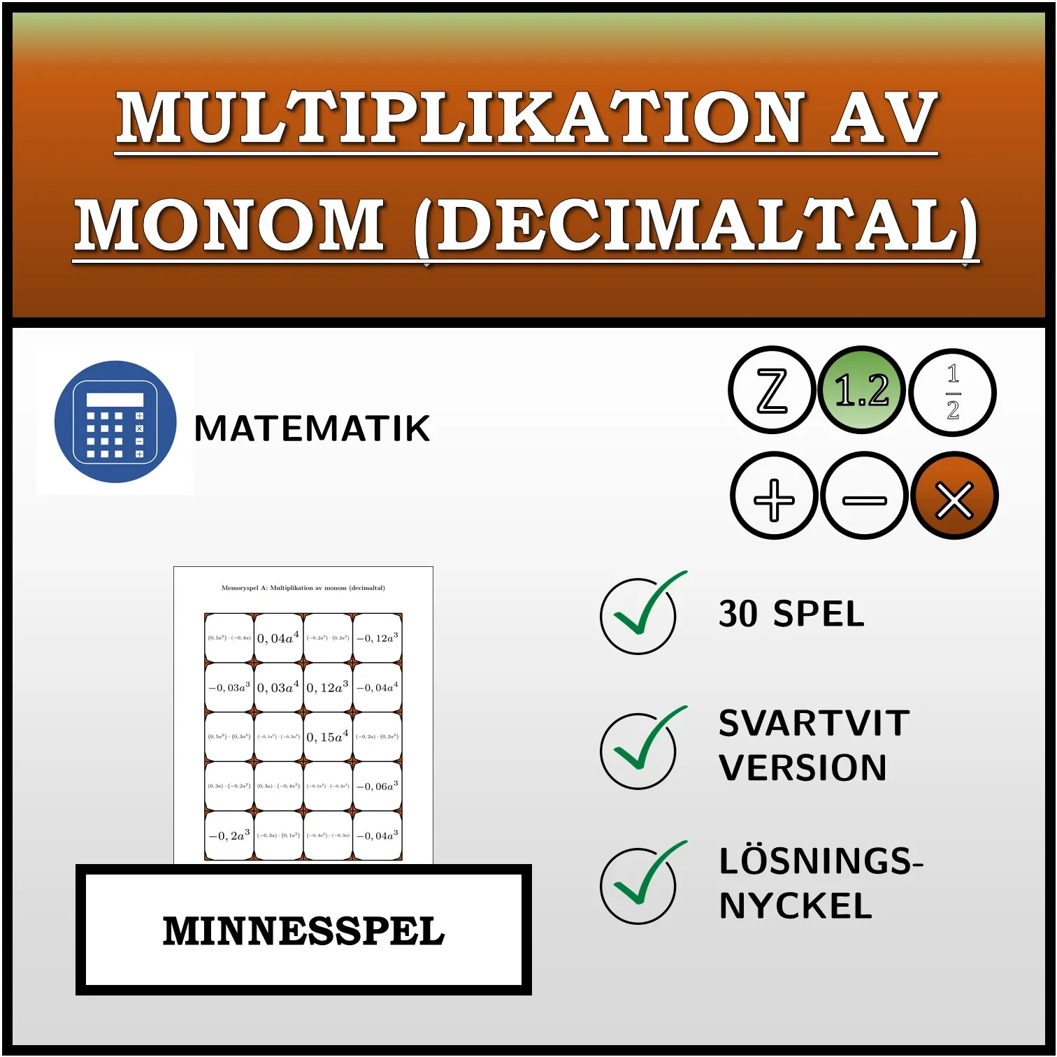 Memoryspel: Multiplikation av monom (decimaltal)