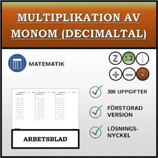 Arbetsblad: Multiplikation av monom (decimaltal)
