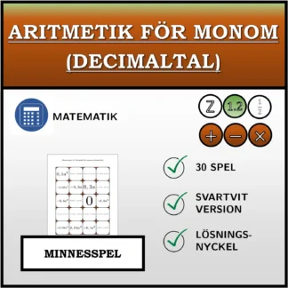 Memoryspel: Aritmetik för monom (decimaltal)