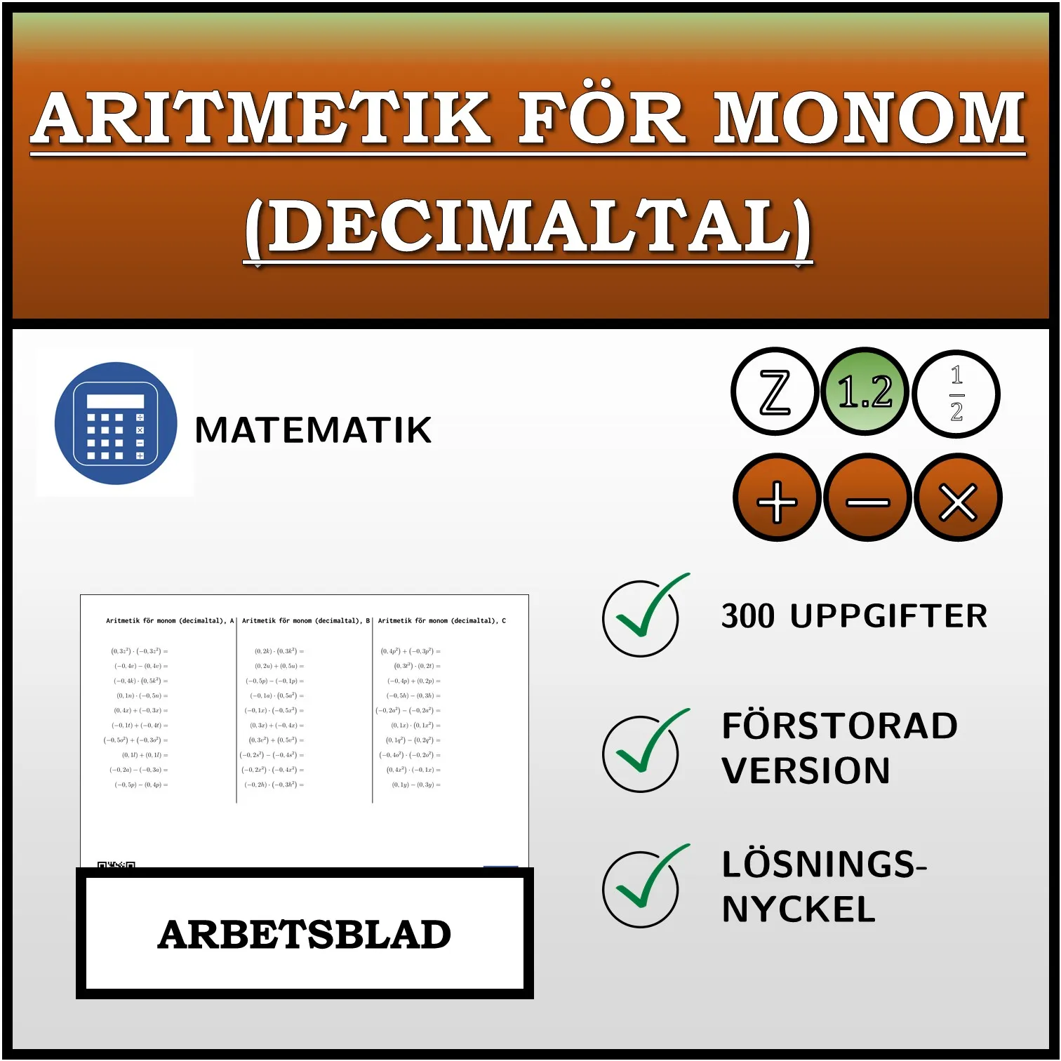 Arbetsblad: Aritmetik för monom (decimaltal)