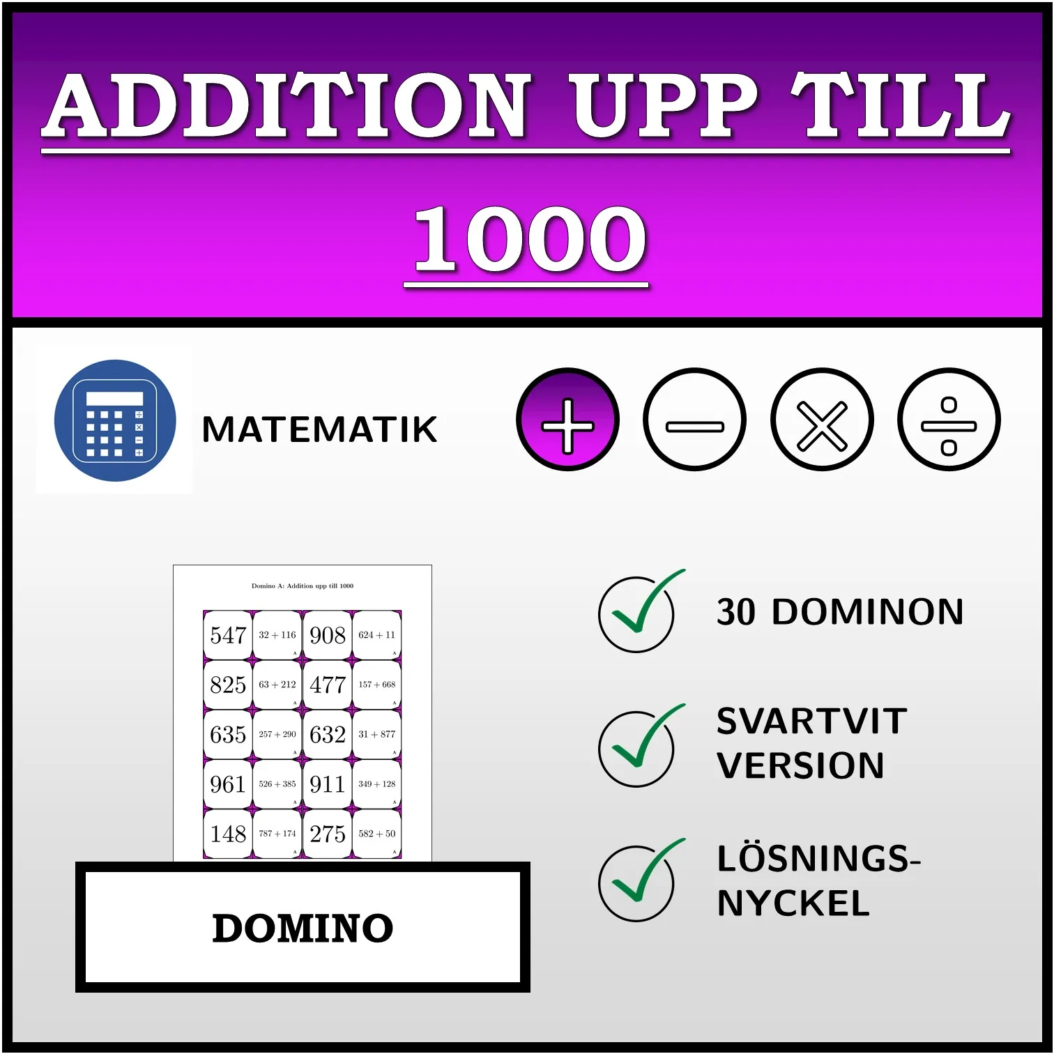 Domino: Addition upp till 1000