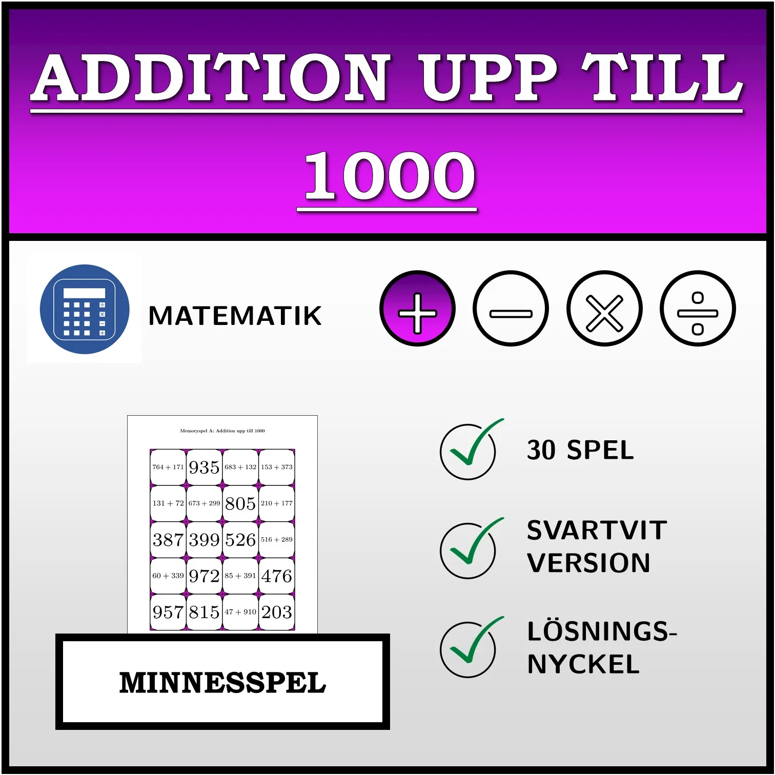 Memoryspel: Addition upp till 1000