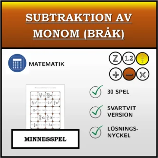 Memoryspel: Subtraktion av monom (bråk)