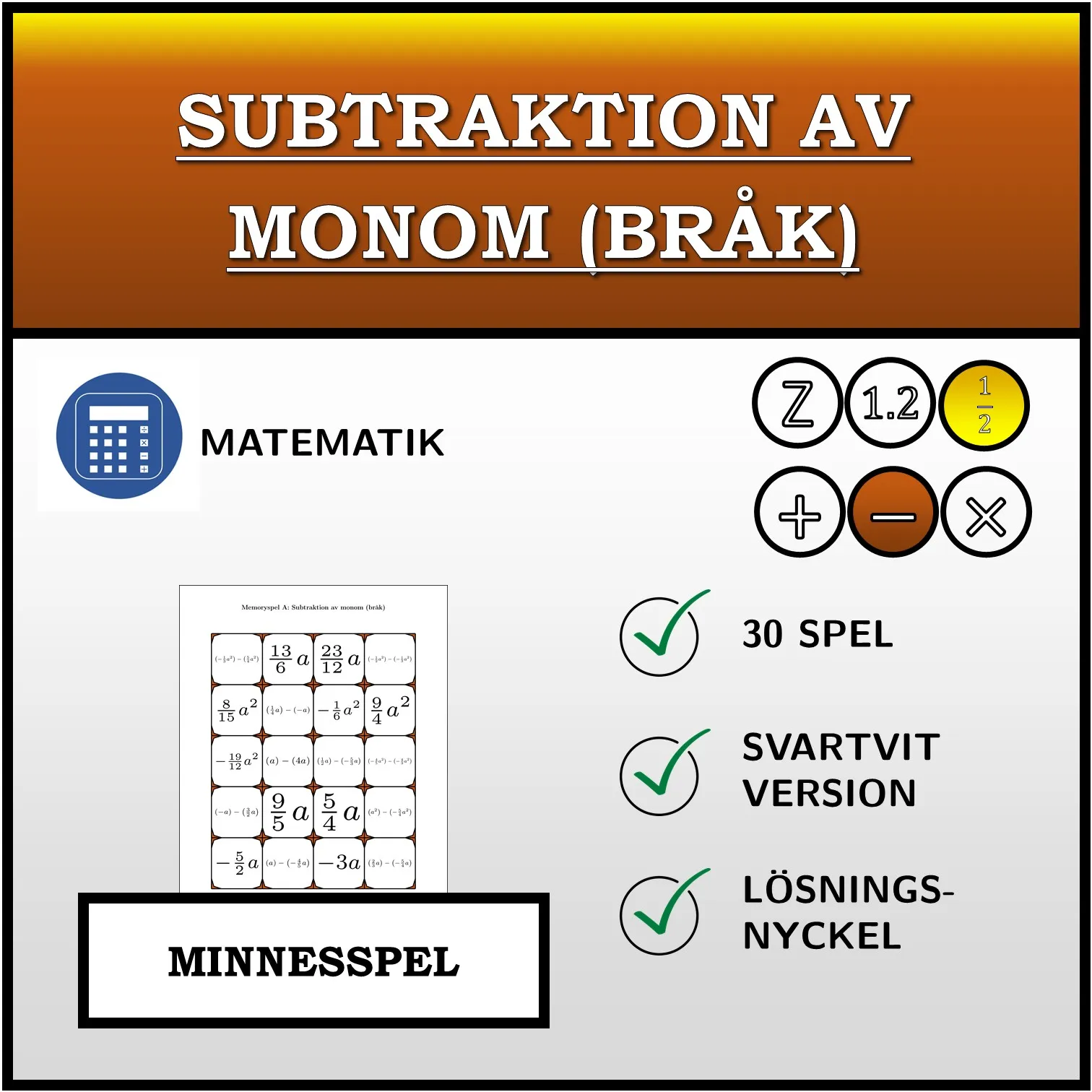 Memoryspel: Subtraktion av monom (bråk)