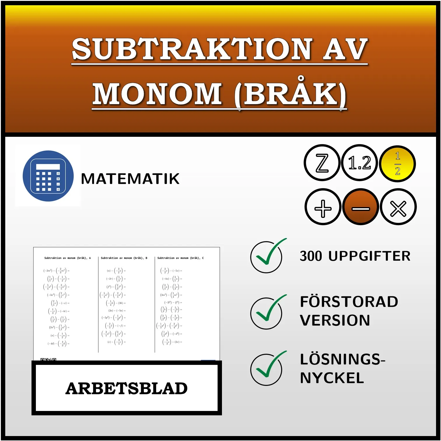 Arbetsblad: Subtraktion av monom (bråk)